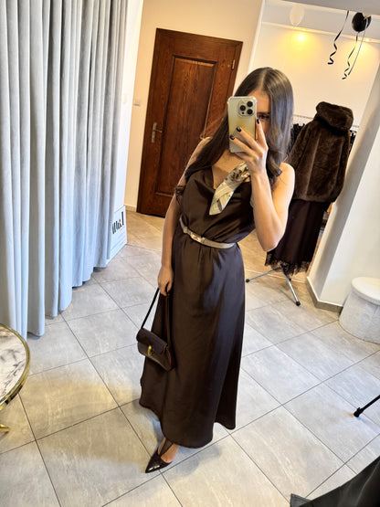 Satynowa Sukienka Maxi w Odcieniu Czekoladowym