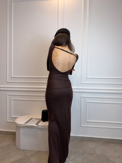 Sukienka Maxi z Długim Szalem – Belluci Czekoladowy Brąz