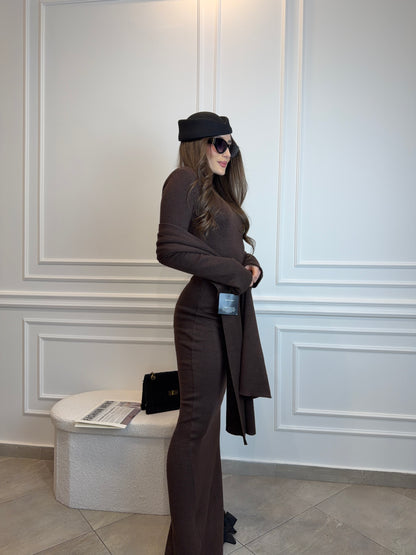 Sukienka Maxi z Długim Szalem – Belluci Czekoladowy Brąz