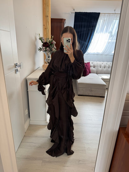 Włoska Sukienka Brązowa z falbanami