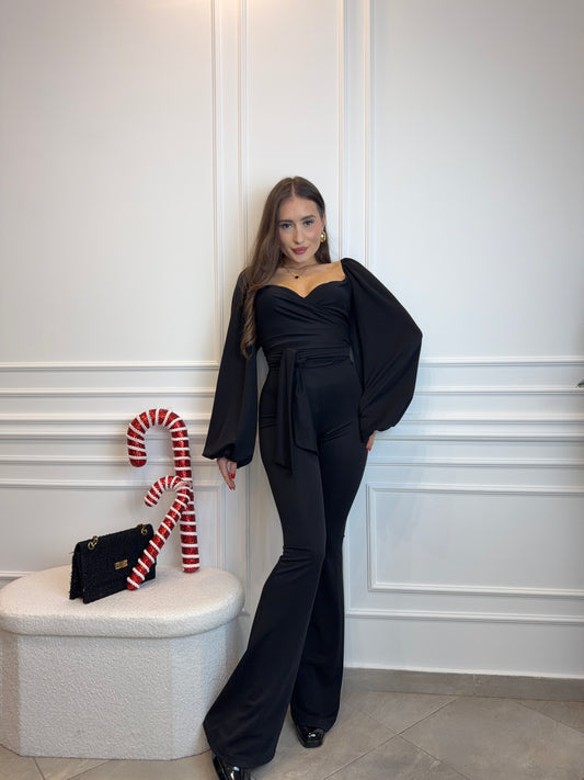 Elegancki Czarny Komplet z Kopertową Górą i Rozszerzanymi Spodniami