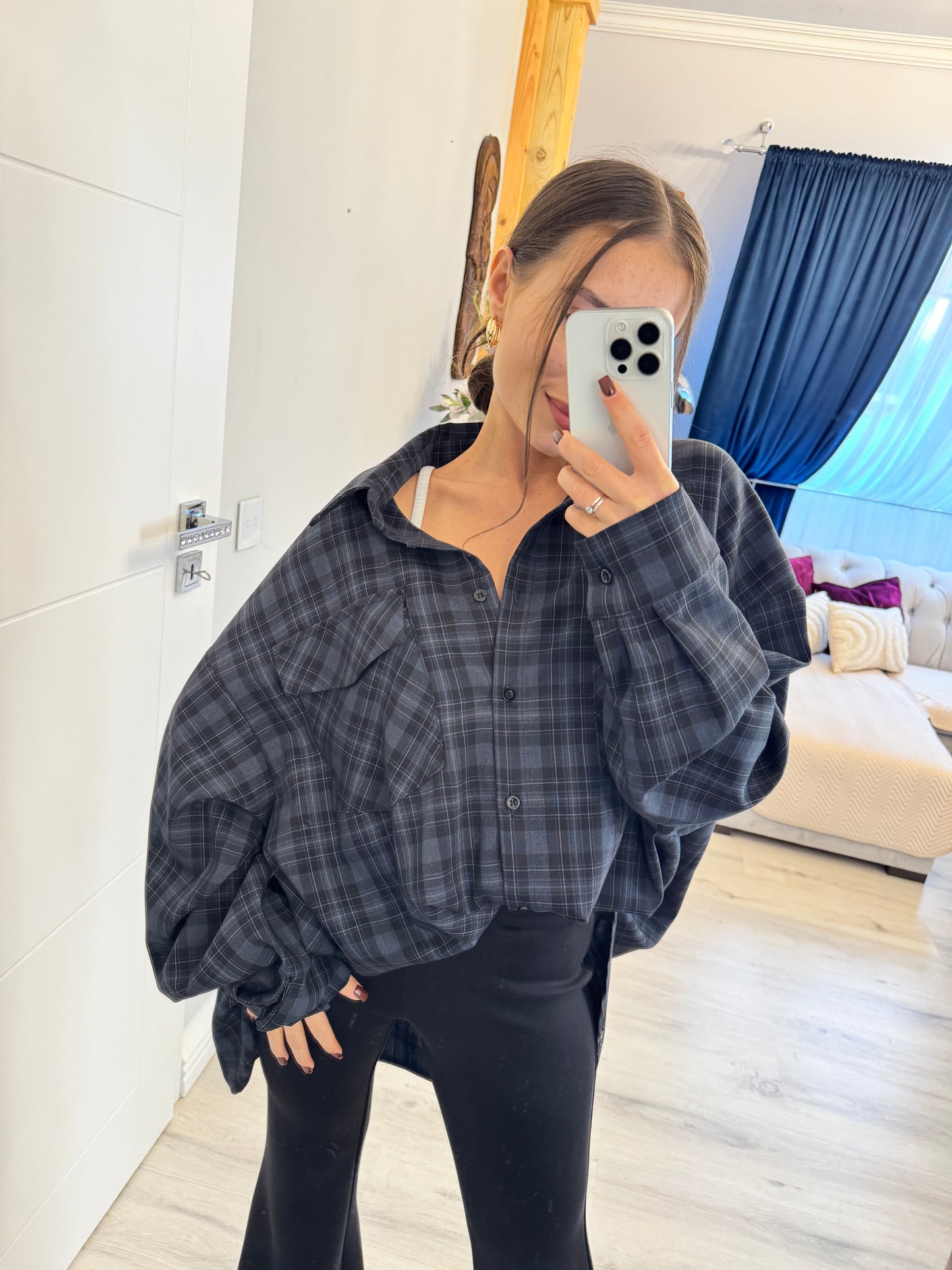 Oversize koszula w kratę Granatowo - Czarna