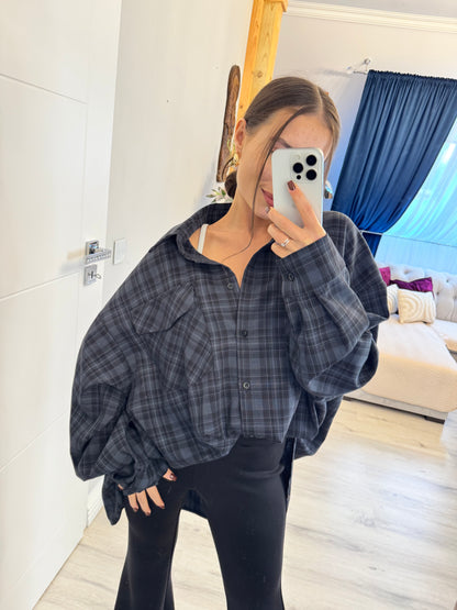 Oversize koszula w kratę Granatowo - Czarna