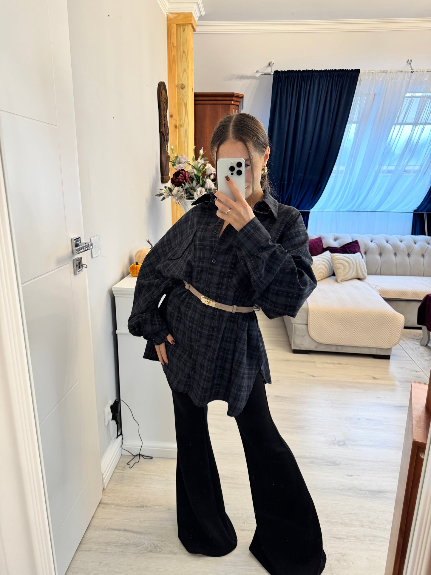 Oversize koszula w kratę Granatowo - Czarna