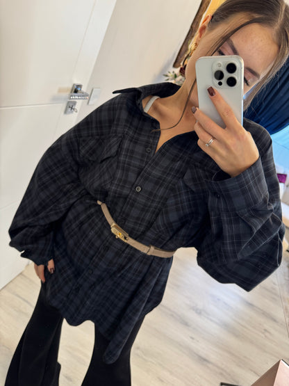 Oversize koszula w kratę Granatowo - Czarna
