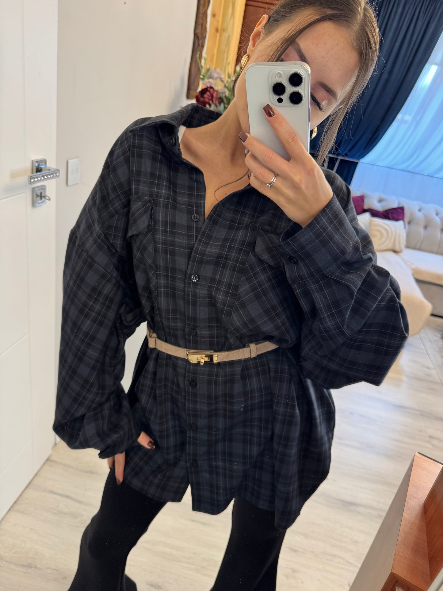 Oversize koszula w kratę Granatowo - Czarna