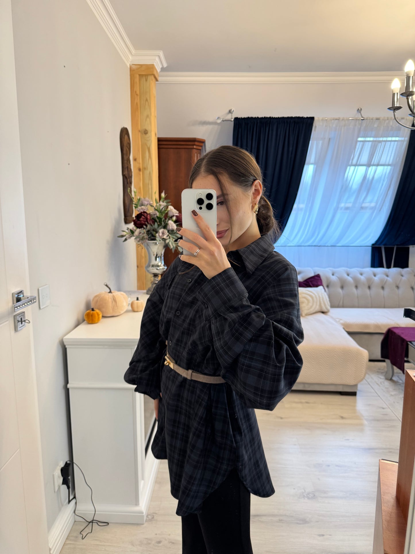 Oversize koszula w kratę Granatowo - Czarna