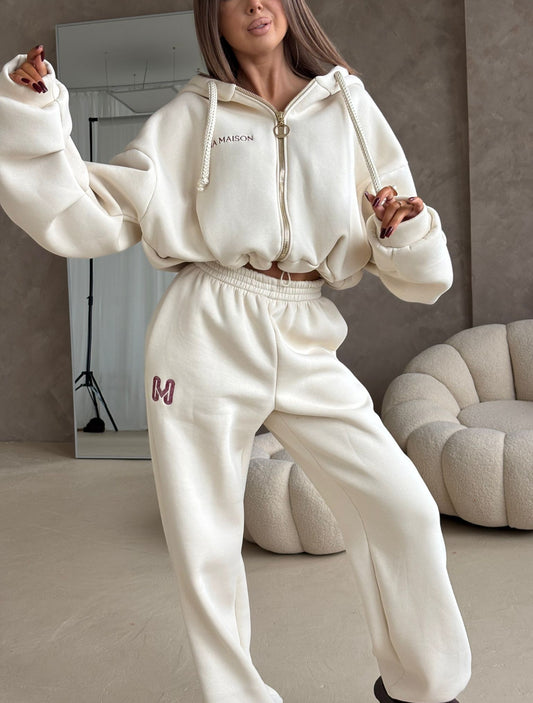 Komplet dresowy trzyczęściowy – top, bluza i spodnie ze ściąganiem w kolorze kokos