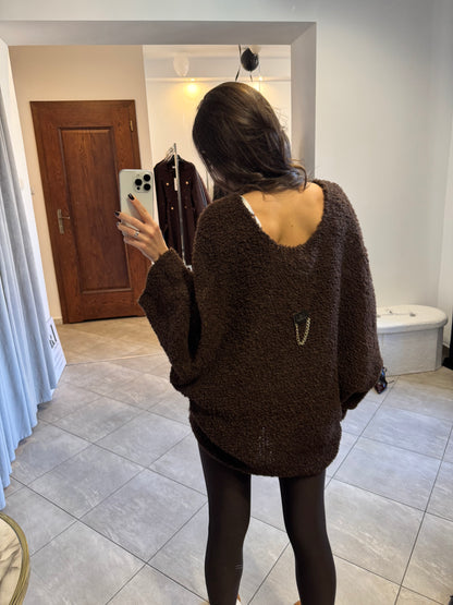 Miękki sweter z efektem „miś” oversize – czekoladowy