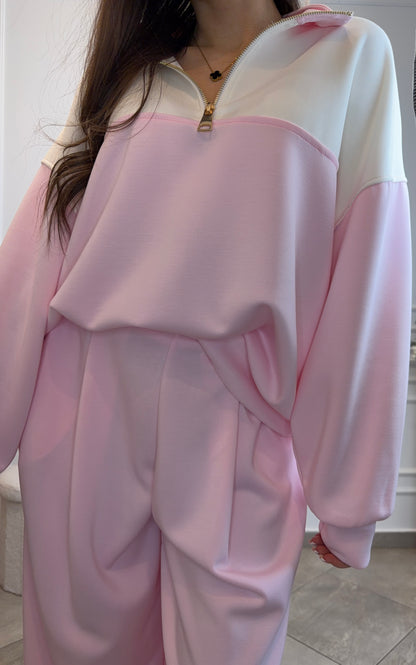 Pastelowy komplet dresowy Premium Pink – bluza z półzamkiem i spodnie jogger