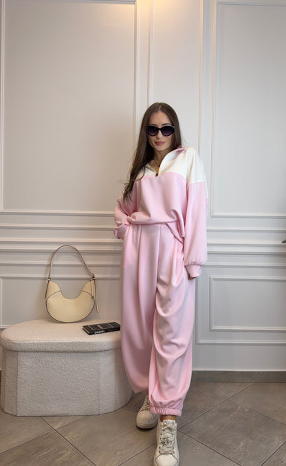 Pastelowy komplet dresowy Premium Pink – bluza z półzamkiem i spodnie jogger